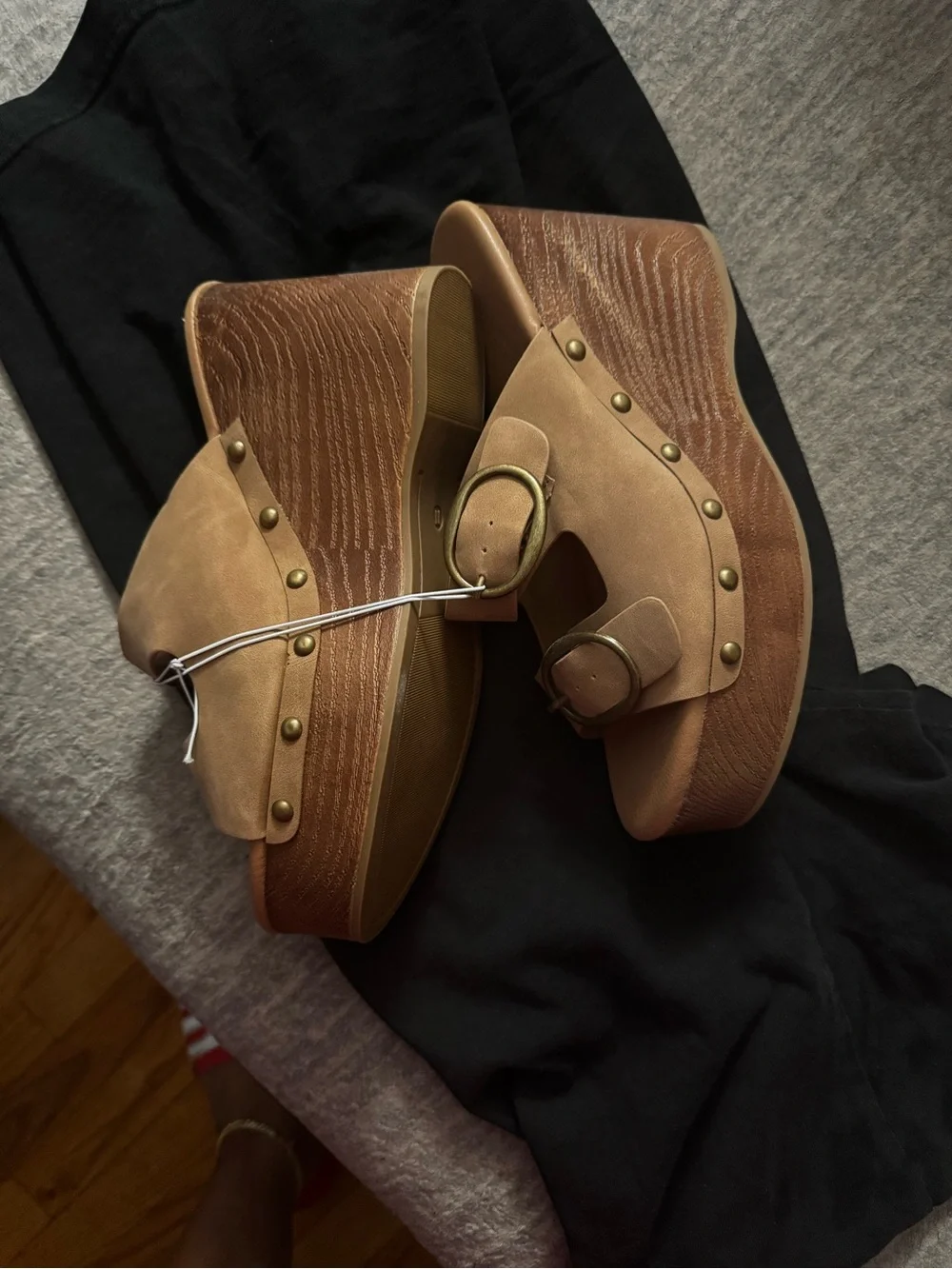 Seychelles Tan Suede Platform Slide Sandals with Buckle Accents